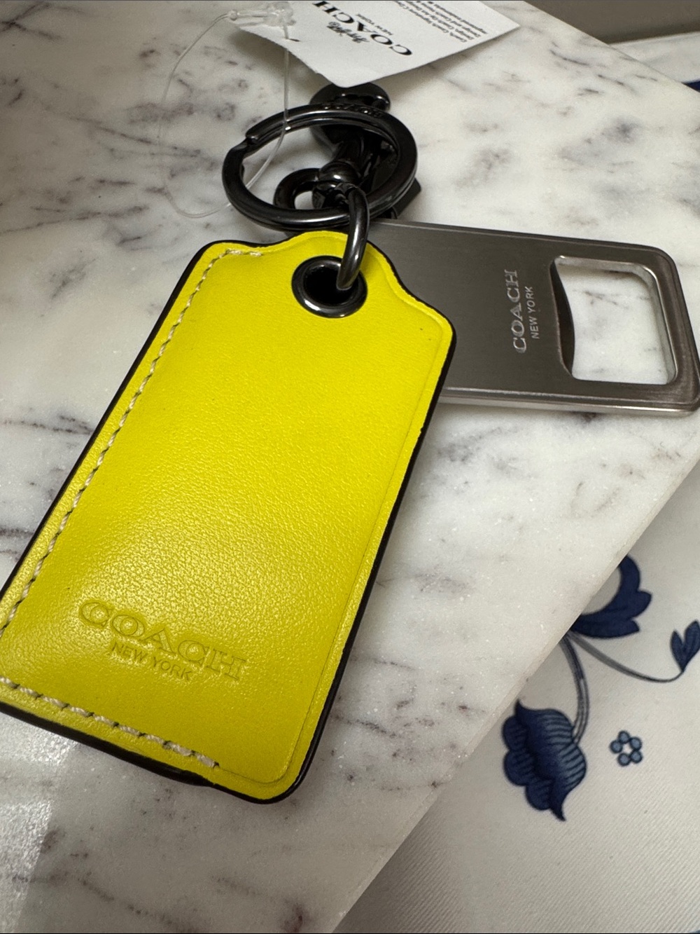 Coach Yellow Leather Key Tag with Metal Bottle Opener NWT gunmetal